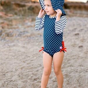 Ruffle Butts Navy Polka Dot & Stripes Swimsuit & Hat sz 6-12